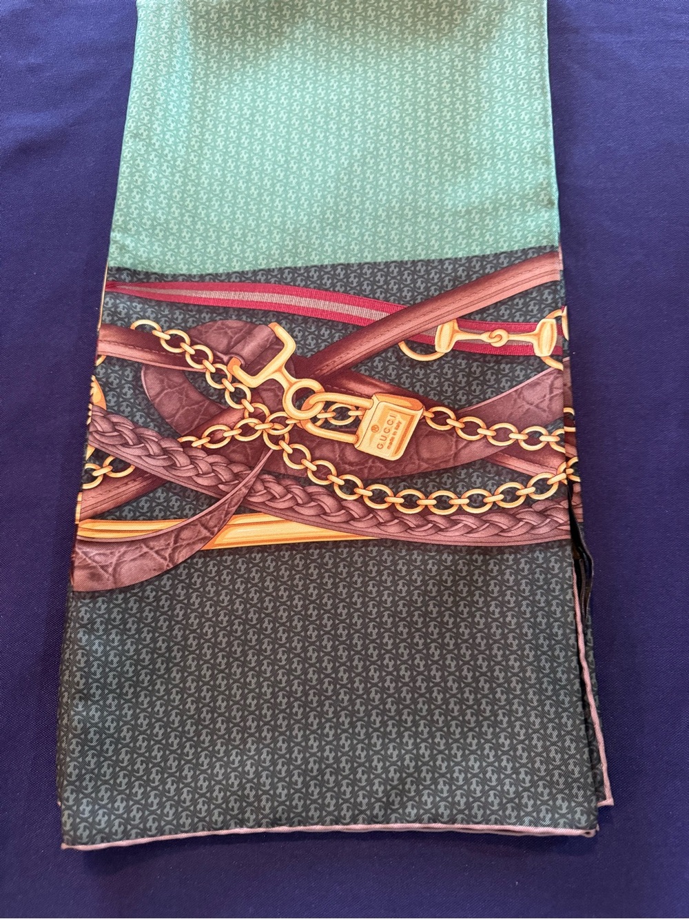 Gucci Silk Scarf in Green, Purple & Gold Chain Motif